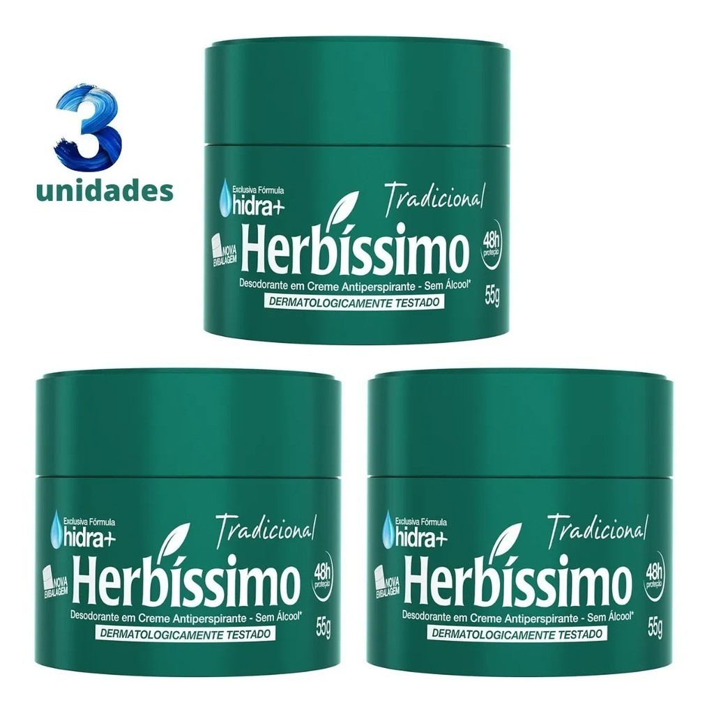 Kit 3 Desodorante Herbissimo Creme Antiperspirante Tradicional 55g Sem Álcool em Oferta na Shopee