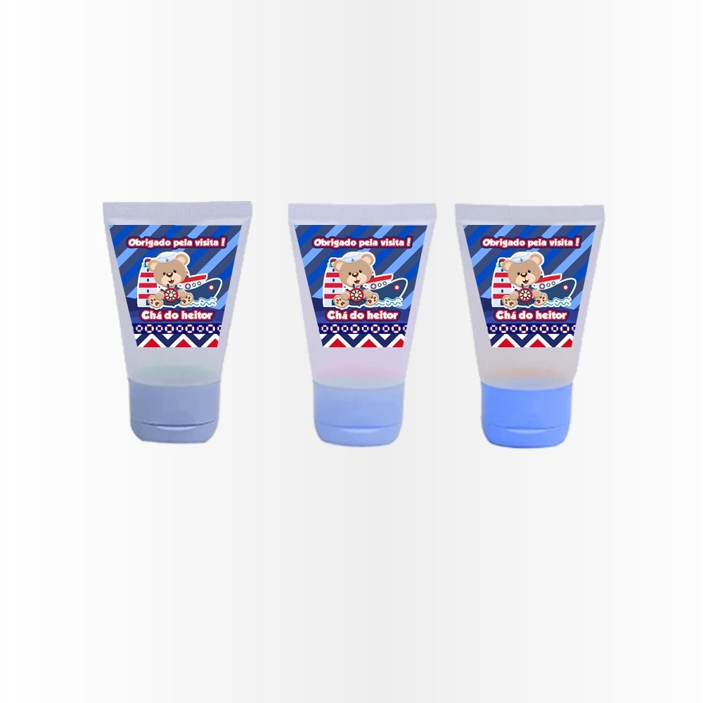 20 Rótulo Adesivo Bisnaga alcool gel Kit Festa Infantil 3d Tubete Bisnaga Cha bebe Ursinho Marinheiro
