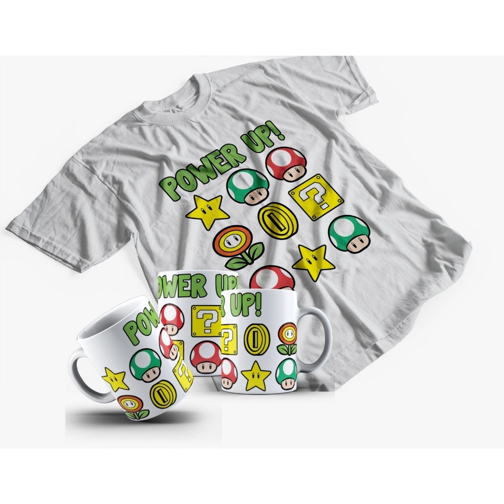 Kit Camiseta e caneca Caneca Gamer Super Mario Bros Nes SNES POWER UP
