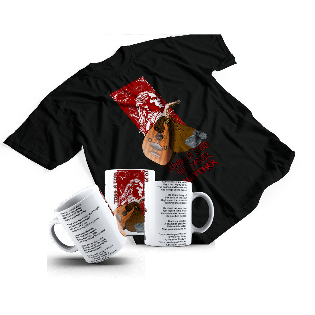 KIT CAMISETA E CANECA THE WITCHER SÉRIES DE UM TROCADO PRA O SEU BRUXO LETRA