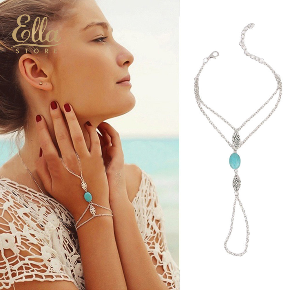 ELLASTORE Mulheres Oco Esculpido Flor Faux Turquesa Harness Mão Cadeia Anel Link Pulseira