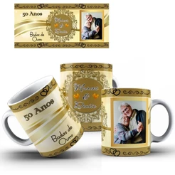 Kit 2 Duas Caneca Bodas de Ouro Opção P/Foto + Caixinha
