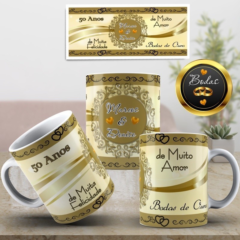 Kit 2 Duas Caneca Bodas de Ouro MOD-01 + Caixinha