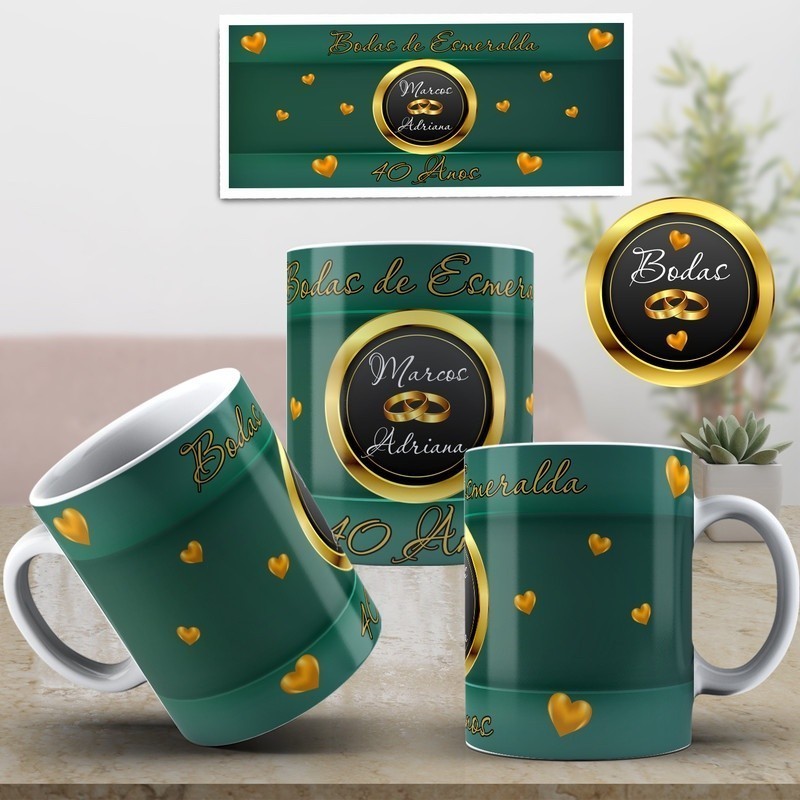 Kit 2 Duas Caneca Bodas de Esmeralda + Caixinha