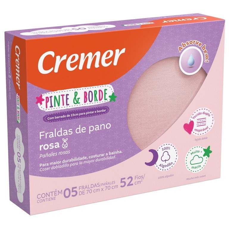 Fralda de Pano Pinte e Borde 70x70 Cremer 100% algodão 52 fios/cm² ROSA
