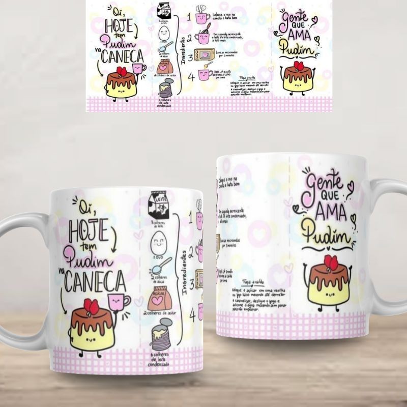 Caneca Receita Hoje tem pudim na caneca ingredientes Personalizada Cerâmica ou de Plastico/Polímero Estampada  Presente Lembrança Promoção Xícara