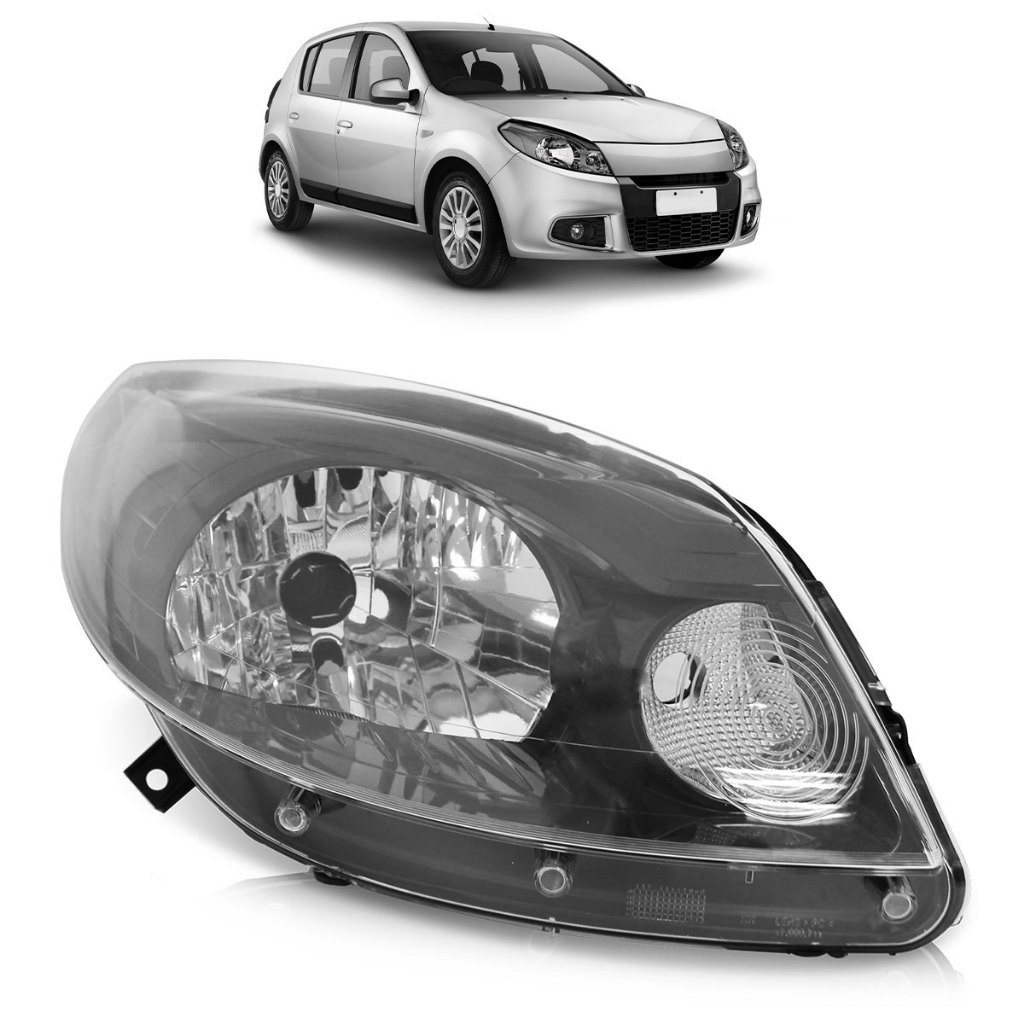 Farol Dianteiro Sandero 2012 2013 2014 Máscara Cinza Lente Lisa Foco Simples Lente Lisa Acrilico