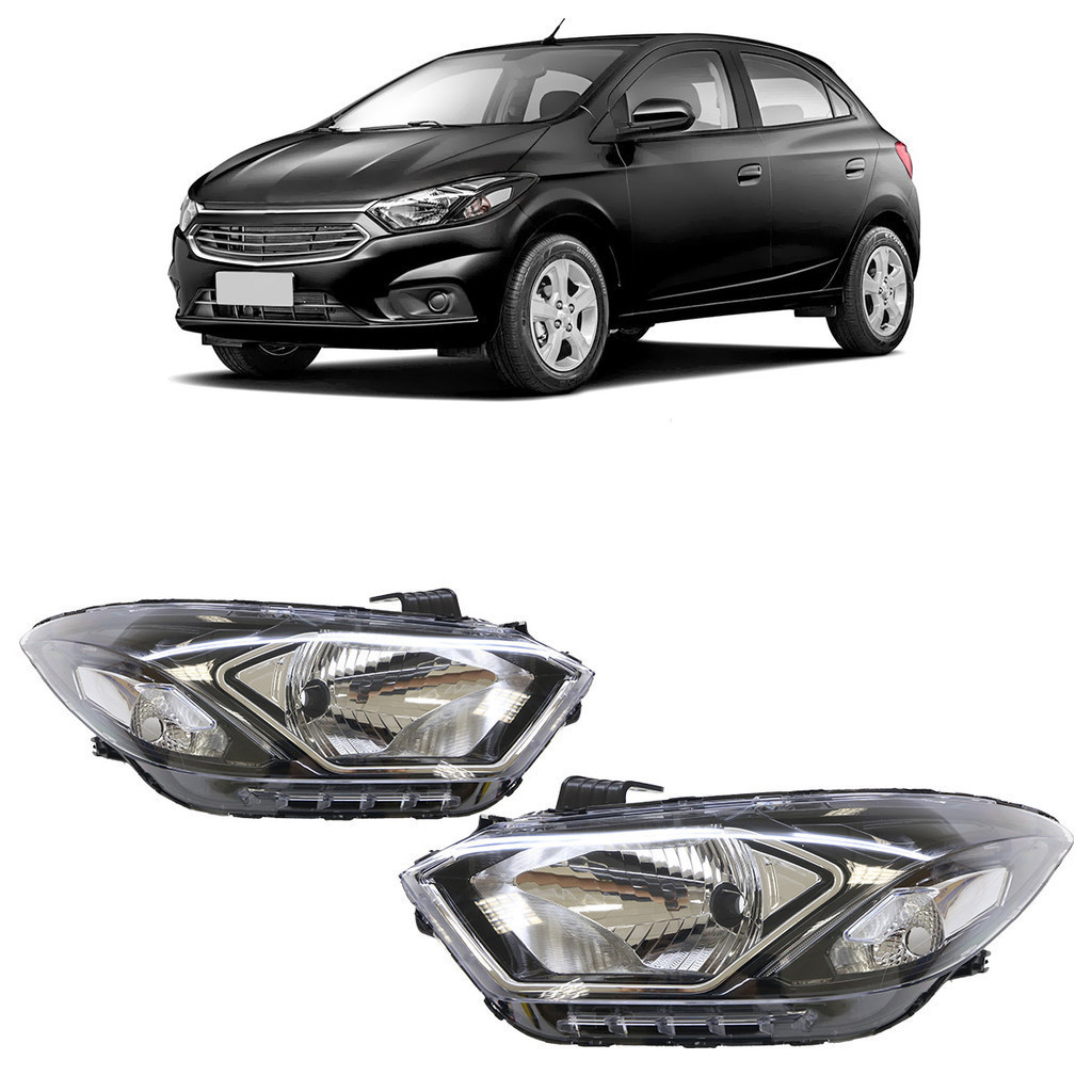 Farol Dianteiro Onix 2017 A 2021 Led Máscara Negra com Friso Cromado Lente Lisa Acrilico