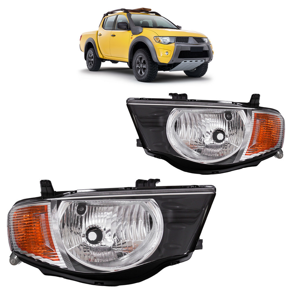 Par Farol Dianteiro L200 Triton 2008 2009 2010 2011 Máscara Negra Pisca Âmbar Lente Lisa Acrilico - Spare Parts and Accessories for Vehicles