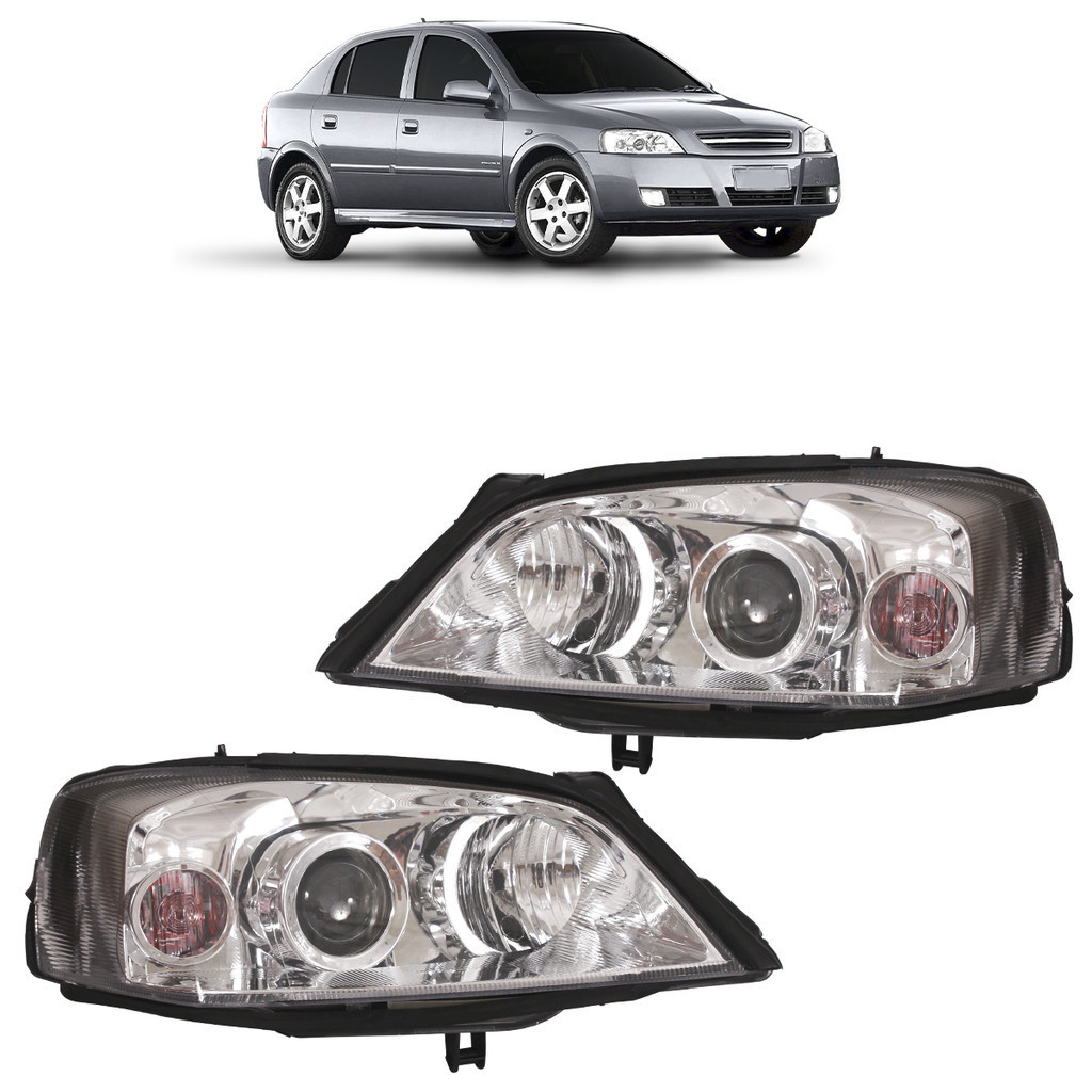 Par Farol Dianteiro Astra Hatch 2003 A 2012 Máscara Cromada Foco Duplo Lente Lisa Acrilico