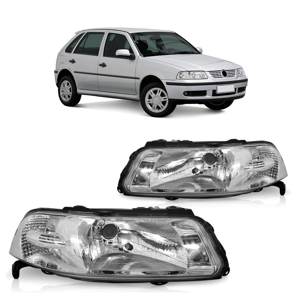 Par Farol Dianteiro Gol G3 1999 A 2005 Máscara Cromada Foco Simples Lente Lisa Acrilico - Spare Parts and Accessories for Vehicles