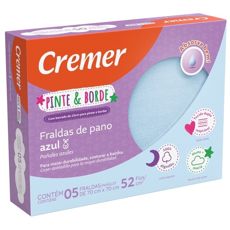 Fralda de Pano Pinte e Borde 70x70 Cremer 100% algodão 52 fios/cm² Azul