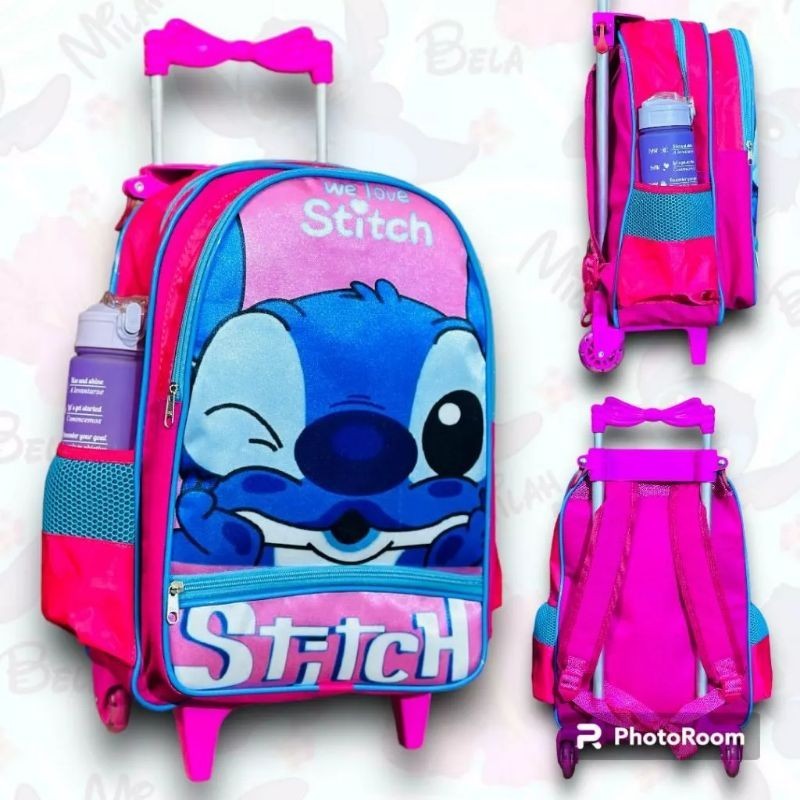 Mochila Escolar Infantil Grande Com Rodinha Stitch Rosa Cabeção