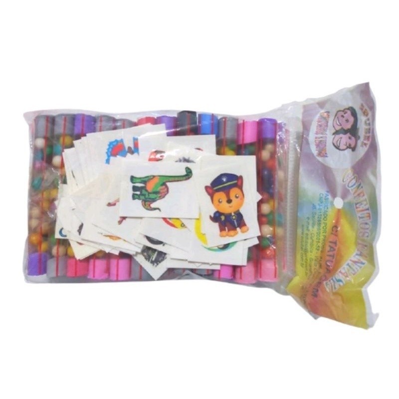 50 Tubinhos com Balinha + 50 Tatuagens Temporárias Lembrancinha Aniversário em Oferta na Shopee