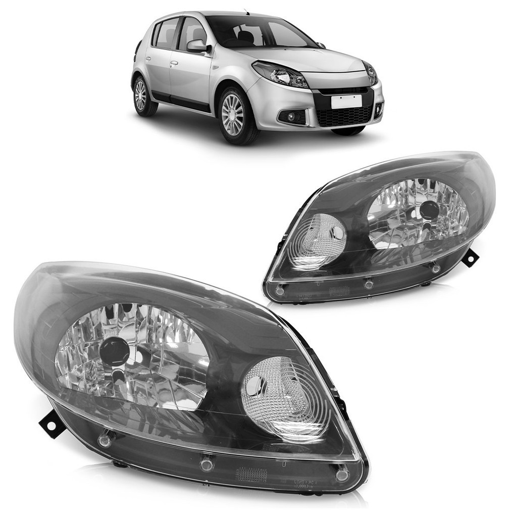 Par Farol Dianteiro Sandero 2012 2013 2014 Máscara Cinza Lente Lisa Foco Simples Lente Lisa Acrilico