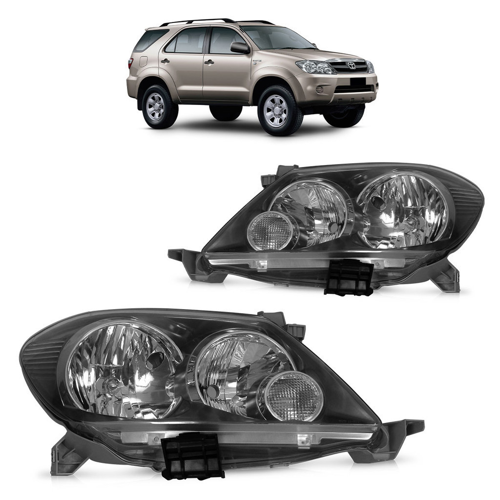 Par Farol Dianteiro Hilux SW4 2005 2006 2007 2008 Máscara Negra Lente Lisa Acrilico