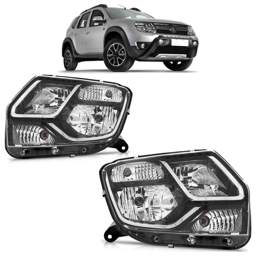 Par Farol Dianteiro Duster 2016 2017 2018 Máscara Negra Foco Duplo Lente Lisa Acrilico