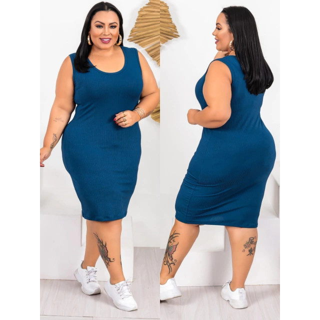 Vestido Feminino Plus Size Midi Tubinho Canelado Regata Primavera Verão Azul Petróleo