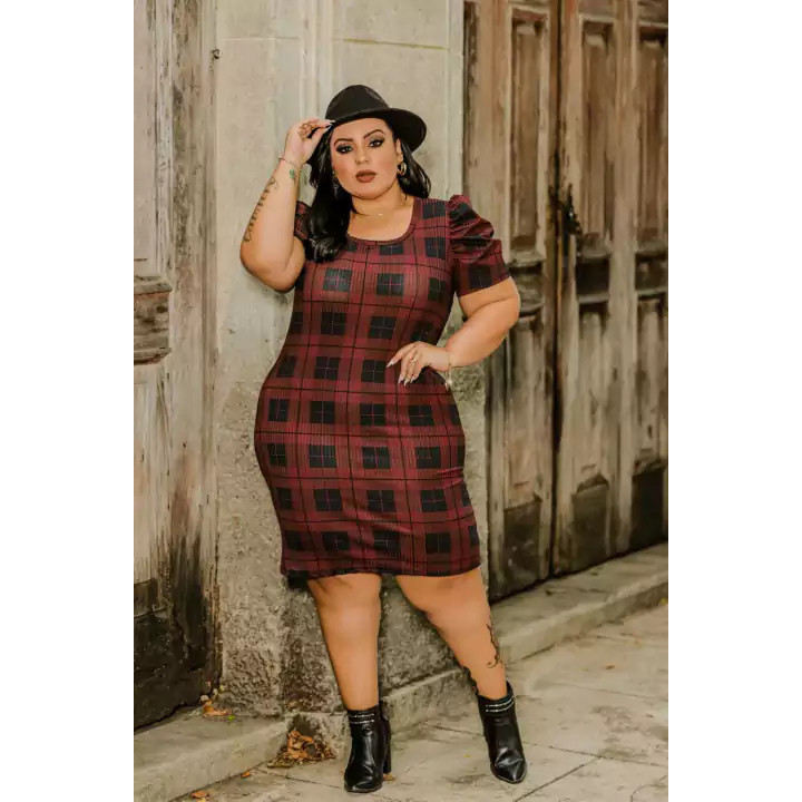 Vestido Feminino Plus Size Midi Tubinho Canelado Manga Bufante Princesa Outono Inverno Xadrez Marsala