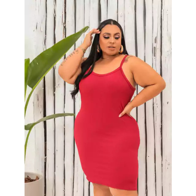 Vestido Feminino Plus Size Midi Tubinho Canelado Alcinha Primavera Verão Vermelho