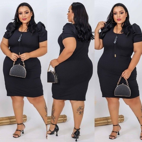 Vestido Feminino Plus Size Midi Tubinho Canelado Manga Bufante Princesa Outono Inverno Preto