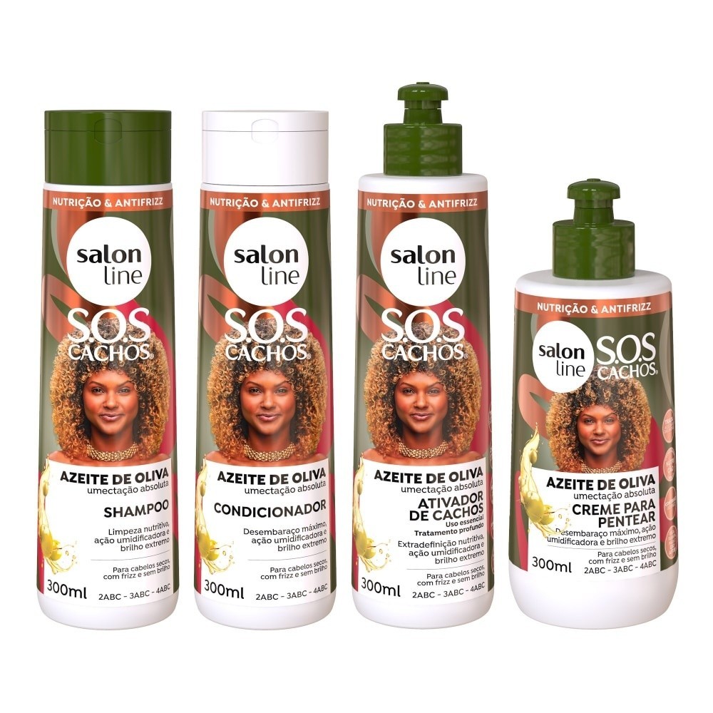 Kit Shampoo, Condicionador, Ativador de Cachos e Creme para Pentear SOS Cachos Azeite de O...