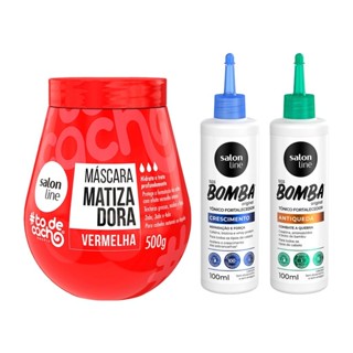 Kit com Máscara Matizado Vermelha + 2 Tônicos Antiqueda e Crescimento Acelerado Salon Line