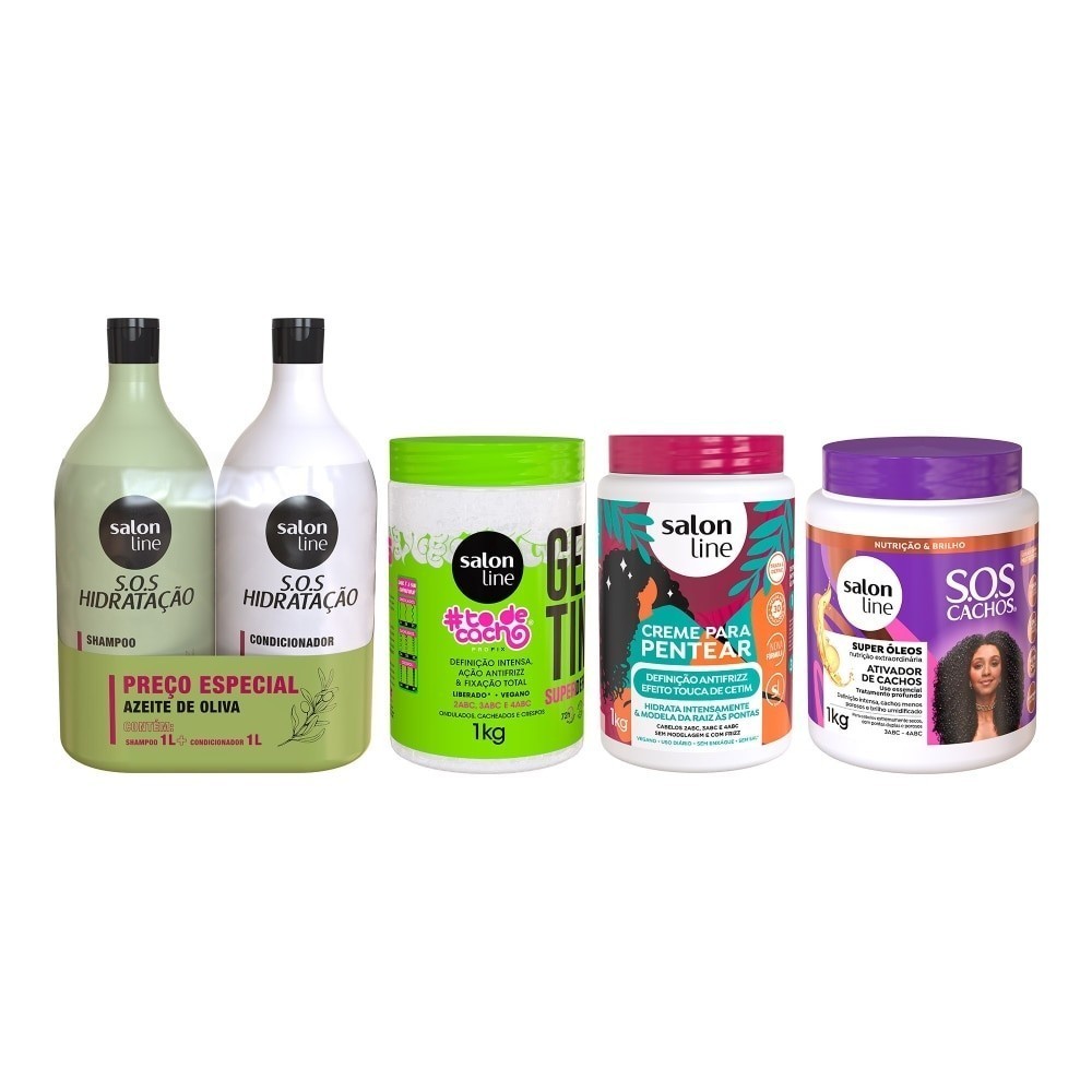 Kit Shampoo e Condicionador Litrão + Gelatina Super Definição + Creme para Pentear Antifrizz + Ativador de Cachos em Oferta na Shopee