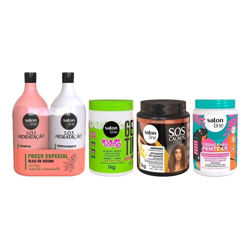 Kit Shampoo e Condicionador Óleo de Rícino + Gelatina e Creme para Pentear Definição + Ati...