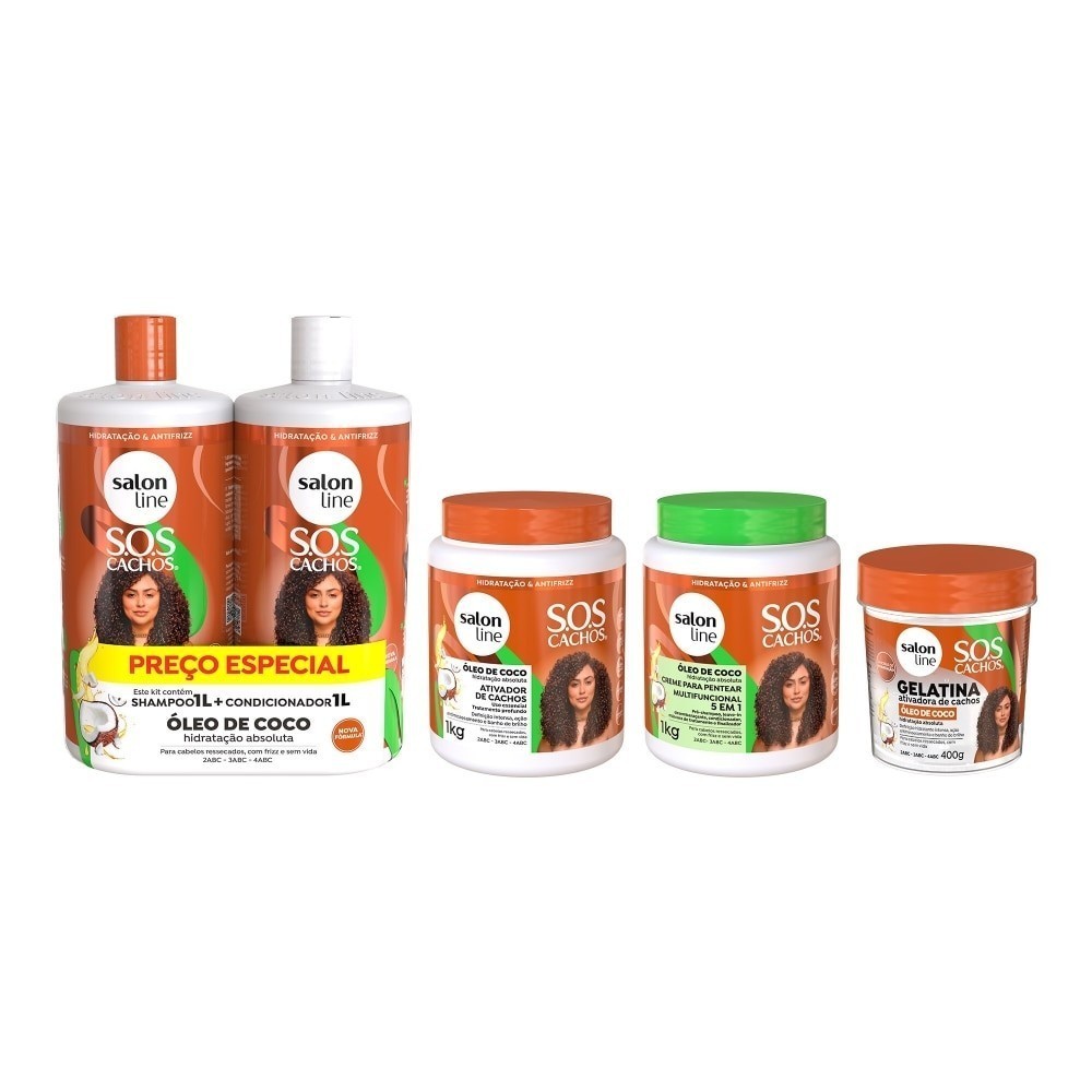 Kit Litrão de Shampoo, Condicionador e Ativador de Cachos + Creme para Pentear + Gelatina SOS Cachos Coco