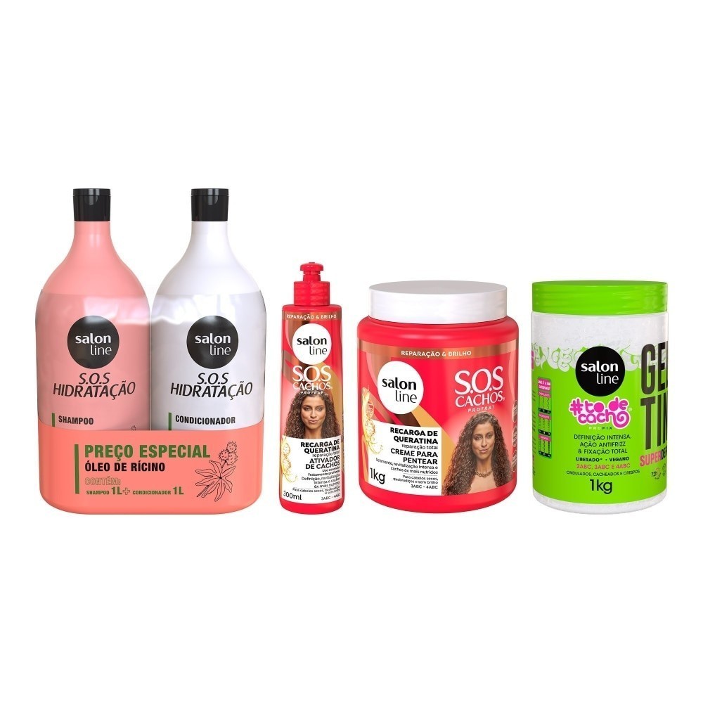 Kit Shampoo Condicionador Gelatina Creme para Pentear e Ativador de Cachos - Beauty