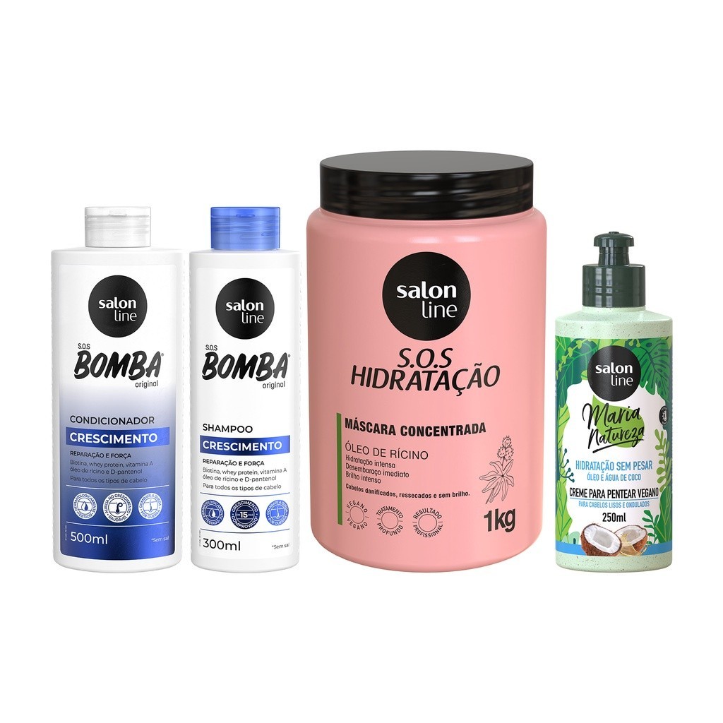 Kit com Shampoo e Condicionador SOS Bomba + Creme para Pentear Maria Natureza + Máscara SO...