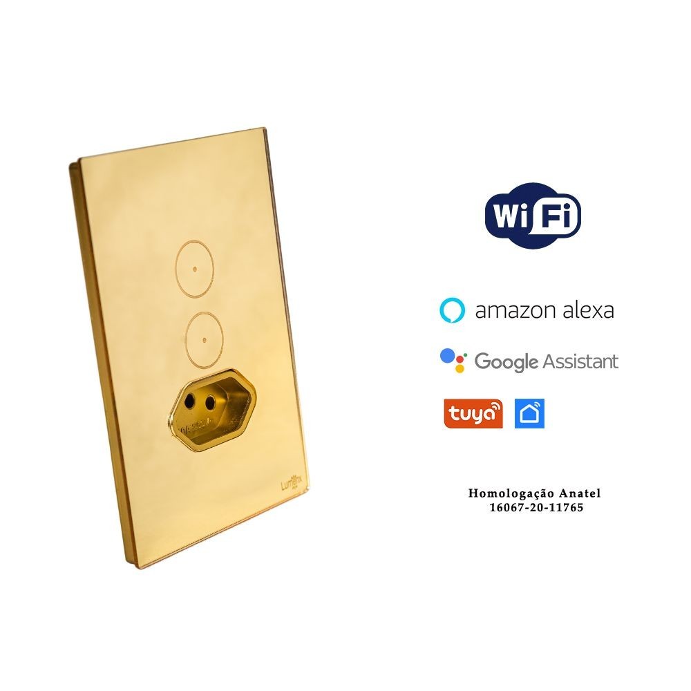 INTERRUPTOR TOUCH TOK GLASS 2 PADS WI-FI + TOMADA DOURADO 4X2