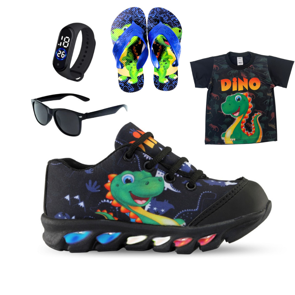 Kit tenis de LED infantil Dinossauro masculino mais chinelo mais camisa mais relogio e oculos