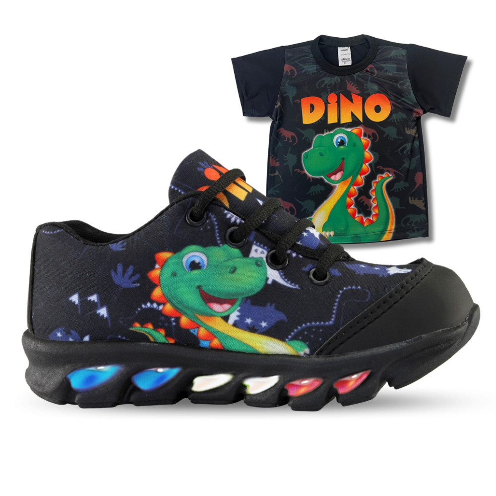 Tenis de led infantil masculino do dino mais camisa dinossauro com luz luzinhas meninos