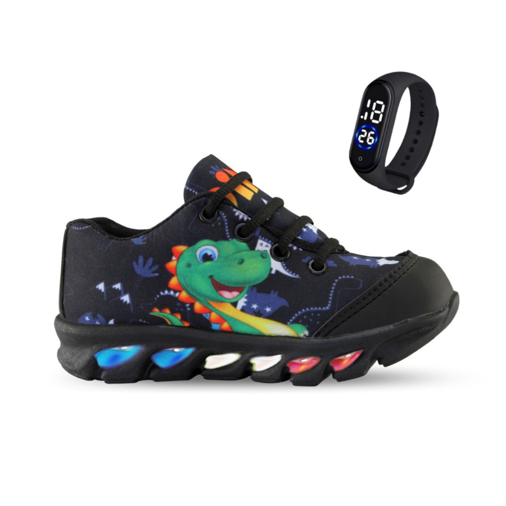 Tenis de led infantil masculino do Dino mais relogio dinossauro com luz luzinhas meninos