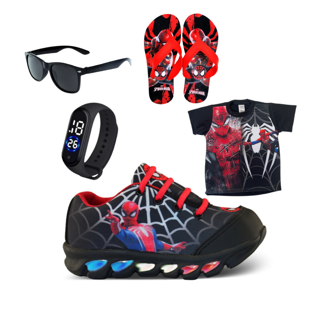 kit Tenis Infantil led Homem Aranha + chinelo + camisa + oculos+ relogio luzinha de led personagem