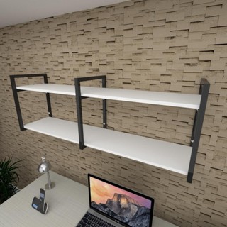 Prateleira Industrial Escritório 120cm MDF Branco Aço Preto E-Nichos