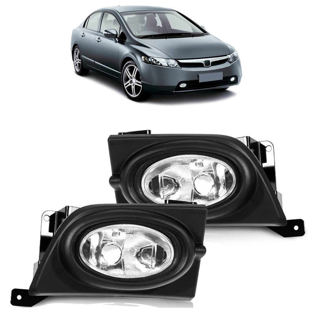 Par Farol Milha Auxiliar New Civic Lxs Esx 2006 2007 2008 Com Moldura Carcaça Preta Lente Lisa