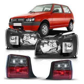 Kit Farol Dianteiro Uno 2004 2005 2006 2007 2008 2009 2010 2011 2012 2013 Máscara Negra + Par Lanterna Fume