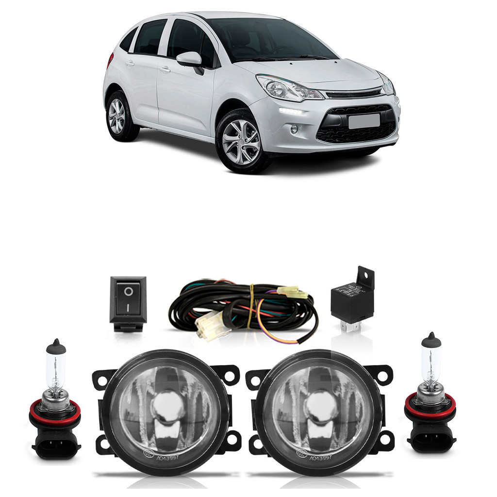 Kit Par Farol Milha Auxiliar C3 2009 2010 A 2020 + Par Lâmpada Halógena Completo Lente Lisa Vidro em Oferta na Shopee