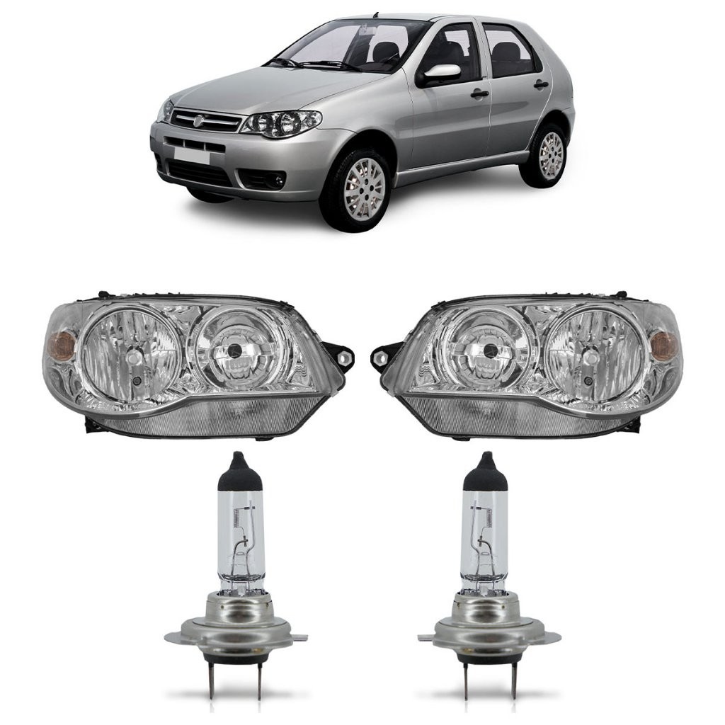 Kit Palio Economy 2011 2012 2013 2017 Par Farol Dianteiro Máscara Cromada + Par Lâmpada H7 Halógena Lente Lisa Acrilico