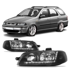Par Farol Dianteiro Daylight Palio G2 2001 2002 A 2006 Siena Strada Foco Duplo Máscara Negra Led