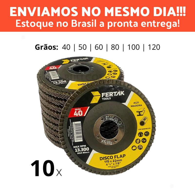 Kit Jogo 10 Discos Flap Inox Desbaste 4 1/2 x 7/8" Fertak Grão 40 50 60 80 100 120 para lixadeira Escolha O Grão