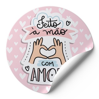120 Rotulos Redondo Autocolante Adesivo Selo Frase Feito A Mão Com Amor Rosa Corações em Oferta na Shopee