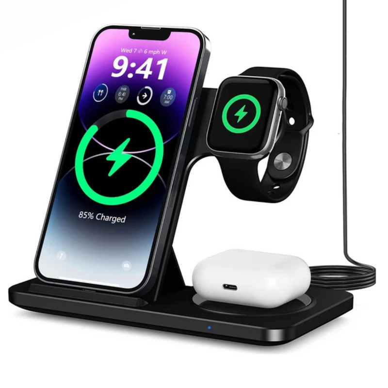 Carregador por indução 3 in 1 HK LT3 Z11 BASE CARREGADORA Carregamento sem fio - Carregador de Celular - Carregador de Smartwatch - Carregador de Fone de Ouvido