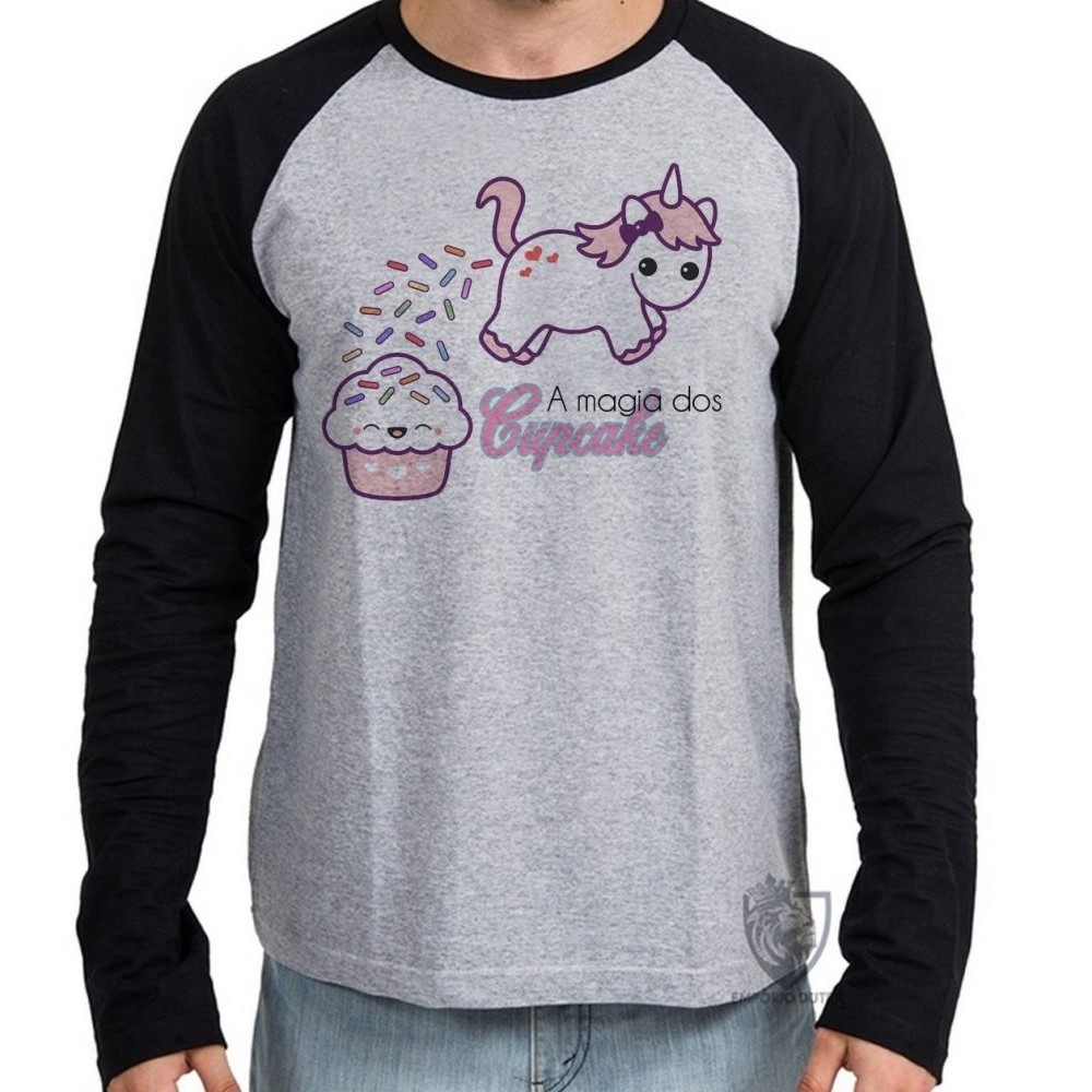 Camiseta Manga Longa blusa Magia Cupcake Unicórnio