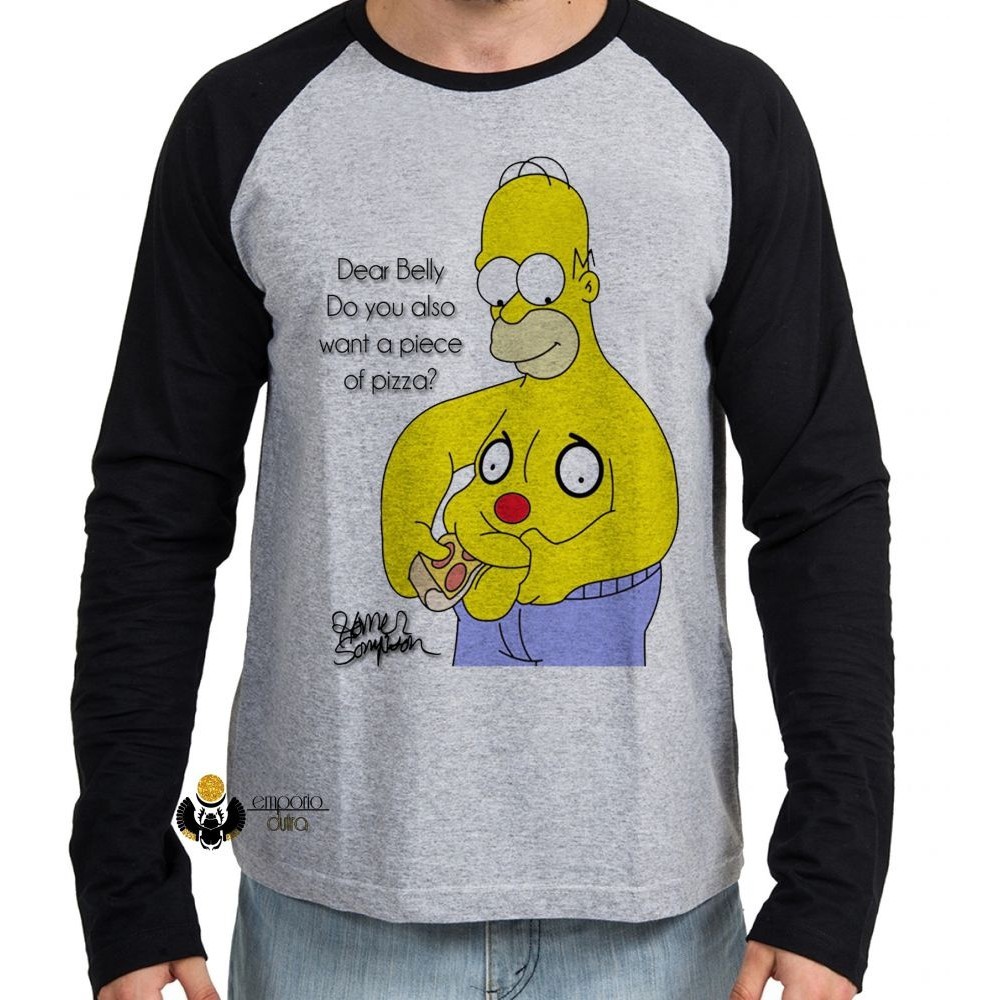 Camiseta Manga Longa blusa Homer Simpsons pizza barriga