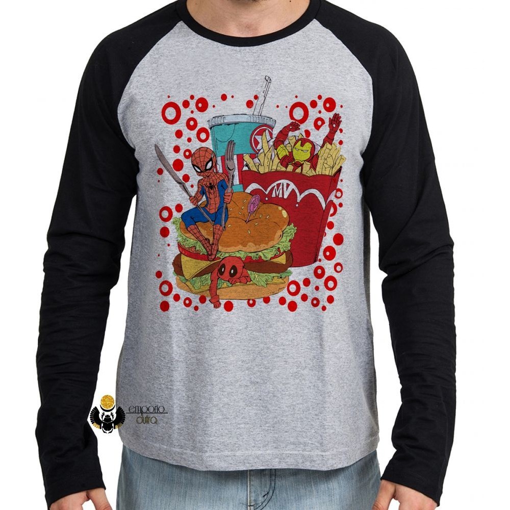 Camiseta Manga Longa blusa fast food com super heróis