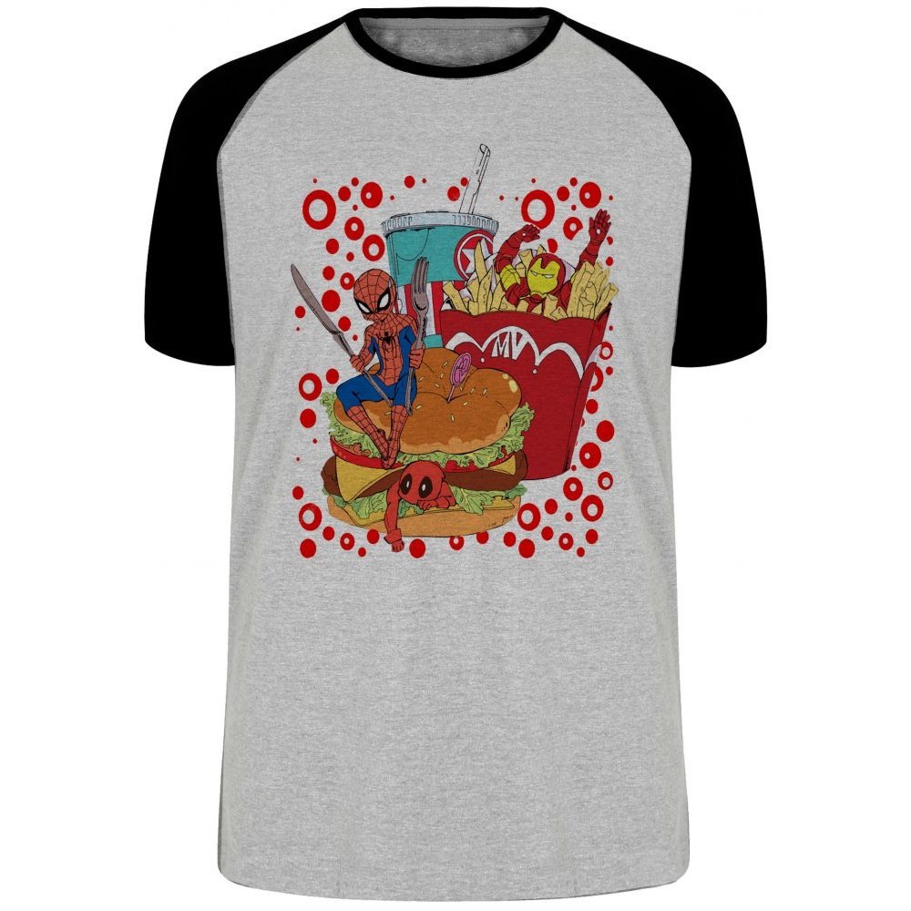 Camiseta fast food com super heróis  Blusa Plus Size extra grande adulto ou infantil